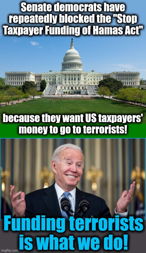 The morality of our federal government | Senate democrats have repeatedly blocked the "Stop Taxpayer Funding of Hamas Act"; because they want US taxpayers'
money to go to terrorists! Funding terrorists is what we do! | image tagged in capitol hill,memes,democrats,terrorists,hamas,joe biden | made w/ Imgflip meme maker
