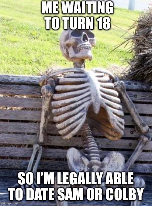 Me waiting lol | ME WAITING TO TURN 18; SO I’M LEGALLY ABLE TO DATE SAM OR COLBY | image tagged in memes,waiting skeleton | made w/ Imgflip meme maker