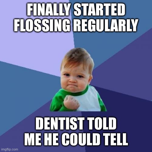 Success Kid Meme | FINALLY STARTED FLOSSING REGULARLY; DENTIST TOLD ME HE COULD TELL | image tagged in memes,success kid | made w/ Imgflip meme maker