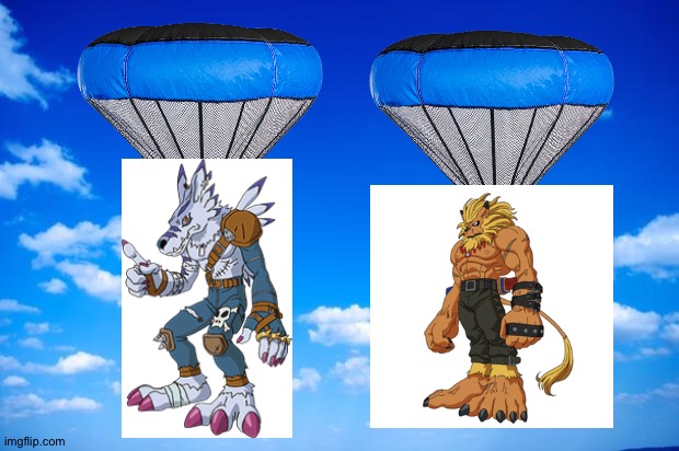 Weregarurumon and Leomon parachuting | image tagged in blue sky,digimon,anime | made w/ Imgflip meme maker