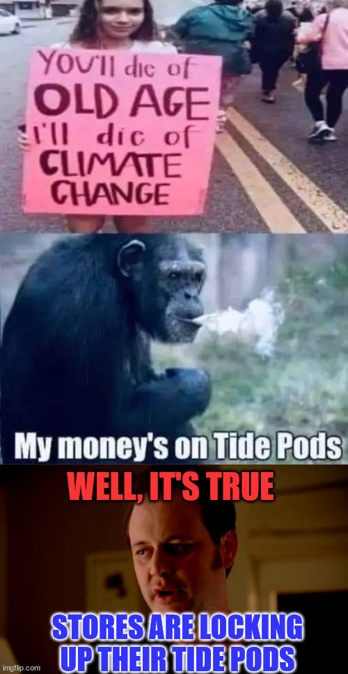 Climate change hysteria...  all part of the quality state run indoctrination centers... | WELL, IT'S TRUE; STORES ARE LOCKING UP THEIR TIDE PODS | image tagged in jake from state farm,climate change,hoax,follow the money,stores put tide pods,under lock and key | made w/ Imgflip meme maker