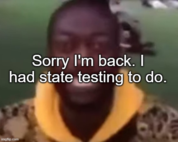 Man wtf | Sorry I'm back. I had state testing to do. | image tagged in man wtf | made w/ Imgflip meme maker