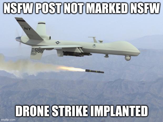 drone | NSFW POST NOT MARKED NSFW DRONE STRIKE IMPLANTED | image tagged in drone | made w/ Imgflip meme maker