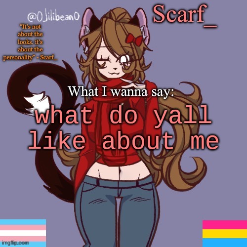 Scarf_ Announcement Template | what do yall like about me | image tagged in scarf_ announcement template | made w/ Imgflip meme maker
