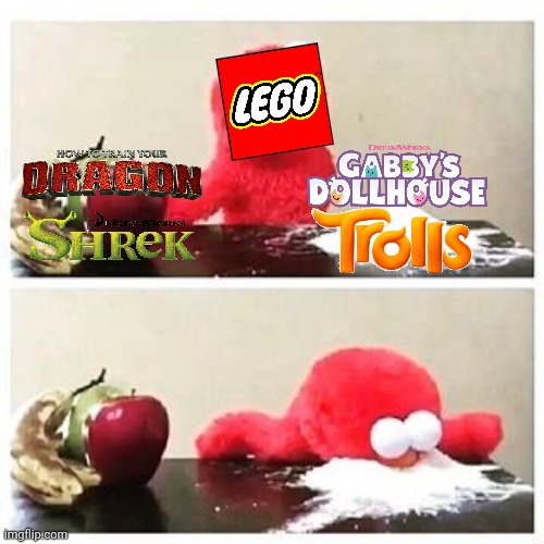 The LEGO DreamWorks themes we wanted versus the LEGO DreamWorks themes we got | image tagged in elmo cocaine,memes,dreamworks,lego | made w/ Imgflip meme maker