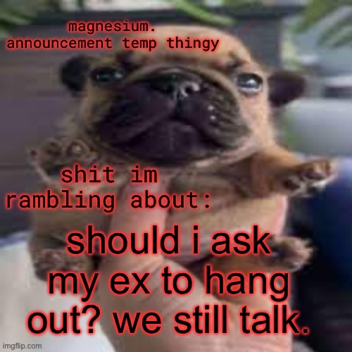 Im just bored | should i ask my ex to hang out? we still talk. | image tagged in pug temp | made w/ Imgflip meme maker