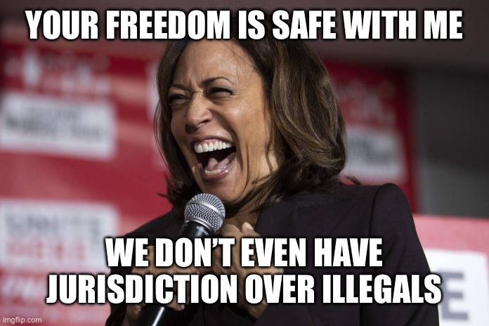 Kamala laughing | YOUR FREEDOM IS SAFE WITH ME WE DON’T EVEN HAVE JURISDICTION OVER ILLEGALS | image tagged in kamala laughing | made w/ Imgflip meme maker