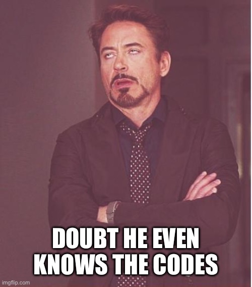Face You Make Robert Downey Jr Meme | DOUBT HE EVEN KNOWS THE CODES | image tagged in memes,face you make robert downey jr | made w/ Imgflip meme maker