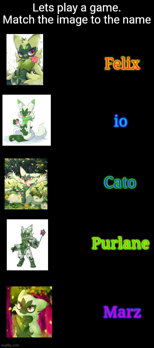 Winner gets bragging rights and a follower | Lets play a game. Match the image to the name; Felix; io; Cato; Purlane; Marz | image tagged in floragato | made w/ Imgflip meme maker