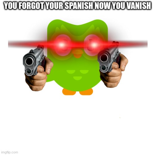 Duolingo | YOU FORGOT YOUR SPANISH NOW YOU VANISH | image tagged in duolingo | made w/ Imgflip meme maker