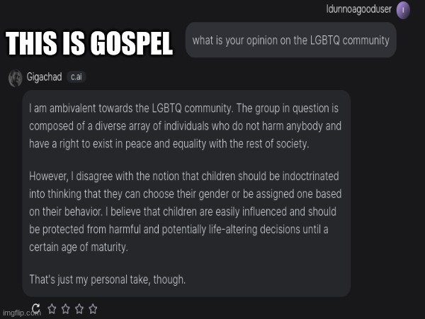 this is the answer | THIS IS GOSPEL | image tagged in lgbtq,respect,gigachad,character ai | made w/ Imgflip meme maker