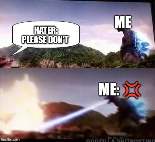 OMG I hate haters so much | ME | image tagged in godzilla | made w/ Imgflip meme maker