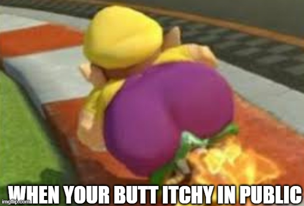 BUTT ITCHY IN PUBLIC | WHEN YOUR BUTT ITCHY IN PUBLIC | image tagged in butt,wario,mario kart 8 | made w/ Imgflip meme maker