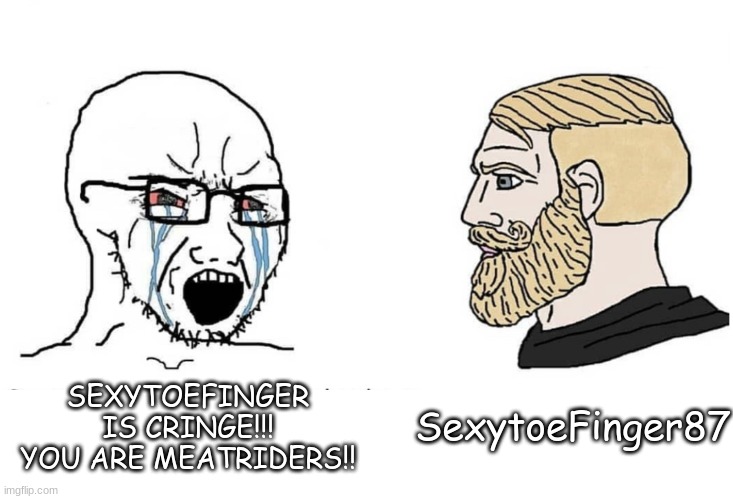 Soyboy Vs Yes Chad | SexytoeFinger87; SEXYTOEFINGER IS CRINGE!!! YOU ARE MEATRIDERS!! | image tagged in soyboy vs yes chad | made w/ Imgflip meme maker