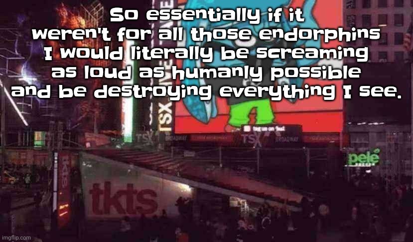 I would probably be screaming so loud my throat would bleed | So essentially if it weren't for all those endorphins I would literally be screaming as loud as humanly possible and be destroying everything I see. | image tagged in skatez on times square | made w/ Imgflip meme maker