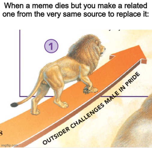 Yes, this os from the same spread as the "Defeated Male Leaves" source. | When a meme dies but you make a related one from the very same source to replace it: | image tagged in memes,defeated male leaves,lion,outsider challenges male in pride | made w/ Imgflip meme maker