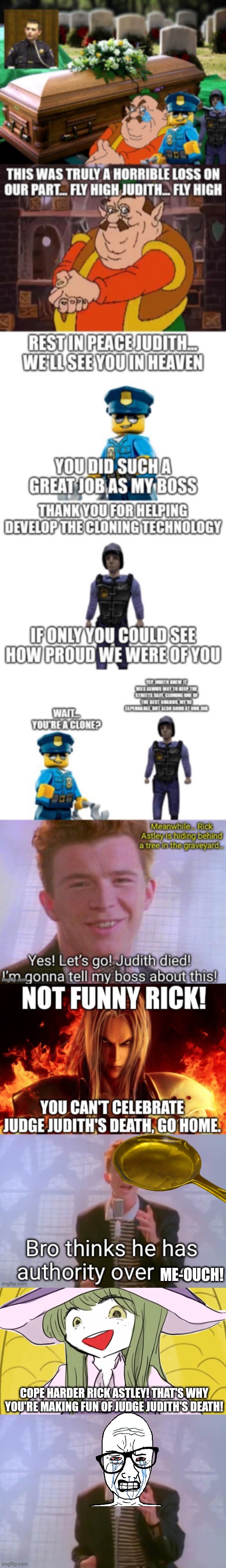 Toyohime Bangs Rick Astley with a frying pan and convinces him to cope harder | ME-OUCH! COPE HARDER RICK ASTLEY! THAT'S WHY YOU'RE MAKING FUN OF JUDGE JUDITH'S DEATH! | image tagged in rick astley | made w/ Imgflip meme maker