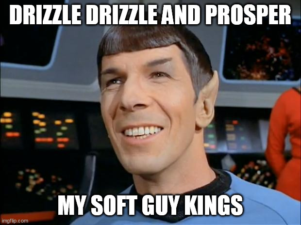 Drizzle Drizzle and Prosper | DRIZZLE DRIZZLE AND PROSPER; MY SOFT GUY KINGS | image tagged in spock smiling | made w/ Imgflip meme maker