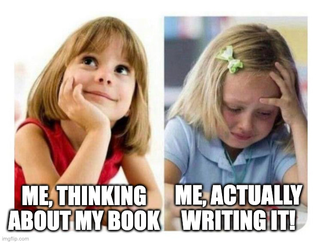 Thinking vs Doing | ME, THINKING ABOUT MY BOOK; ME, ACTUALLY WRITING IT! | image tagged in thinking vs doing | made w/ Imgflip meme maker
