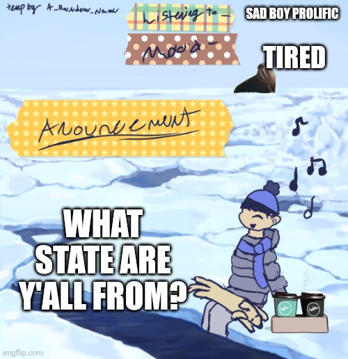 Walrus man’s anouncement temp | SAD BOY PROLIFIC; TIRED; WHAT STATE ARE Y'ALL FROM? | image tagged in walrus man s anouncement temp | made w/ Imgflip meme maker