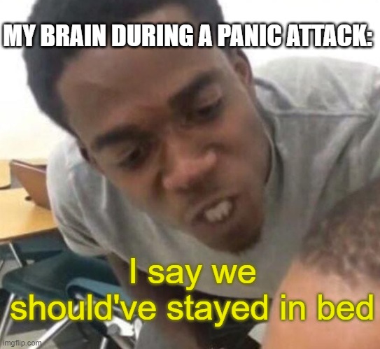 I say we _____ Today | MY BRAIN DURING A PANIC ATTACK:; I say we should've stayed in bed | image tagged in i say we _____ today,panic attack,brain,bed,anxiety | made w/ Imgflip meme maker