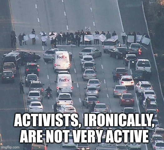 Protestors blocking road | ACTIVISTS, IRONICALLY, ARE NOT VERY ACTIVE | image tagged in protestors blocking road | made w/ Imgflip meme maker