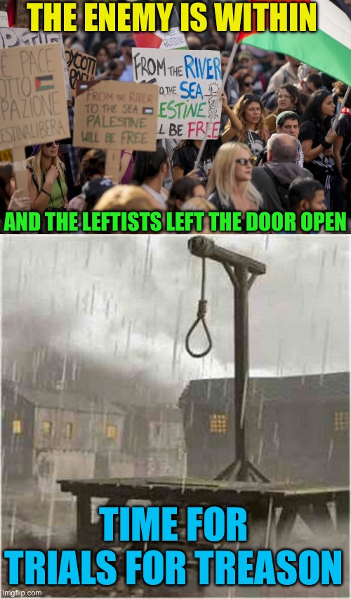 If you claim to be Hamas, you are a traitor or foreign agent. | THE ENEMY IS WITHIN; AND THE LEFTISTS LEFT THE DOOR OPEN; TIME FOR TRIALS FOR TREASON | image tagged in democrats pro-palestinian anti-israel jpp,gallows,gtfo if you dont like it,traitors deserve a traitors fate | made w/ Imgflip meme maker