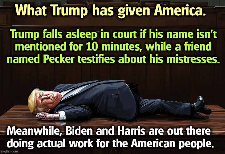 What Trump has given America. Trump falls asleep in court if his name isn't 
mentioned for 10 minutes, while a friend 
named Pecker testifies about his mistresses. Meanwhile, Biden and Harris are out there 
doing actual work for the American people. | image tagged in trump,criminal,crook,courtroom,sleep,stormy daniels | made w/ Imgflip meme maker
