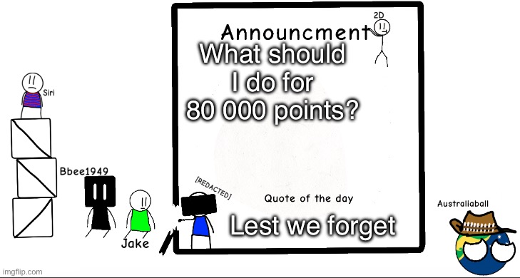 80K points!! | What should I do for 80 000 points? Lest we forget | image tagged in bbee1949 ann temp 2 | made w/ Imgflip meme maker