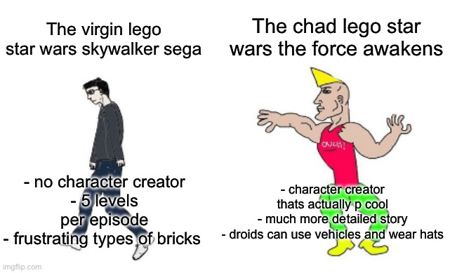 Virgin vs Chad | The virgin lego star wars skywalker sega The chad lego star wars the force awakens - no character creator
- 5 levels per episode
- frustrati | image tagged in virgin vs chad | made w/ Imgflip meme maker