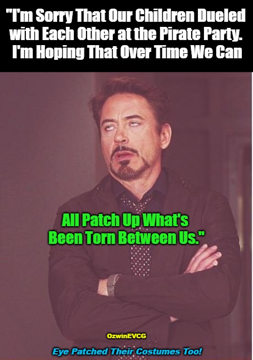 Eye Patched Their Costumes Too! | "I'm Sorry That Our Children Dueled 

with Each Other at the Pirate Party. 

I'm Hoping That Over Time We Can; All Patch Up What's 

Been Torn Between Us."; OzwinEVCG; Eye Patched Their Costumes Too! | image tagged in memes,face you make robert downey jr,parties,costumes,fights,pirates | made w/ Imgflip meme maker