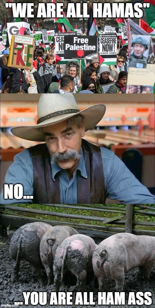 Oink Oink Oink | "WE ARE ALL HAMAS"; NO... ...YOU ARE ALL HAM ASS | image tagged in sam elliott special kind of stupid,antisemitism,college protests,stupid liberals | made w/ Imgflip meme maker