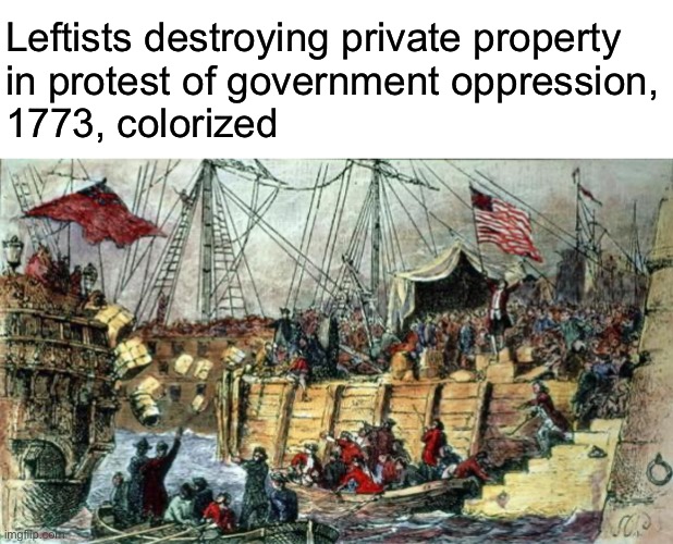 Leftists destroying private property 
in protest of government oppression, 
1773, colorized | image tagged in boston tea party | made w/ Imgflip meme maker