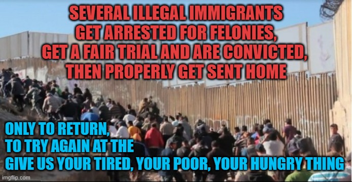 Illegal Immigrants | SEVERAL ILLEGAL IMMIGRANTS
GET ARRESTED FOR FELONIES,
GET A FAIR TRIAL AND ARE CONVICTED, 
THEN PROPERLY GET SENT HOME ONLY TO RETURN, 
TO T | image tagged in illegal immigrants | made w/ Imgflip meme maker