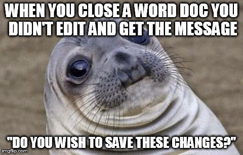Awkward Moment Sealion | WHEN YOU CLOSE A WORD DOC YOU DIDN'T EDIT AND GET THE MESSAGE "DO YOU WISH TO SAVE THESE CHANGES?" | image tagged in memes,awkward moment sealion | made w/ Imgflip meme maker