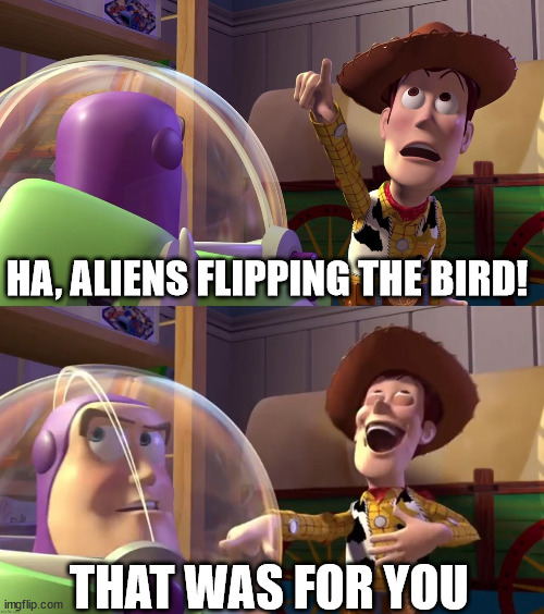 Toy Story funny scene | HA, ALIENS FLIPPING THE BIRD! THAT WAS FOR YOU | image tagged in toy story funny scene | made w/ Imgflip meme maker