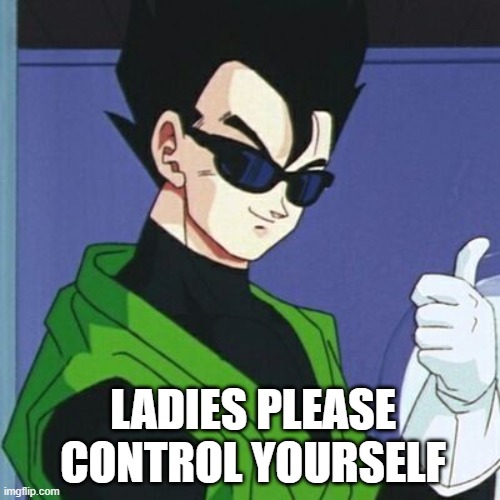 gohan | LADIES PLEASE CONTROL YOURSELF | image tagged in gohan | made w/ Imgflip meme maker