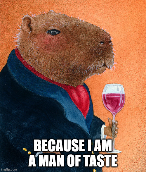 Cappybara refined | BECAUSE I AM A MAN OF TASTE | image tagged in cappybara refined | made w/ Imgflip meme maker