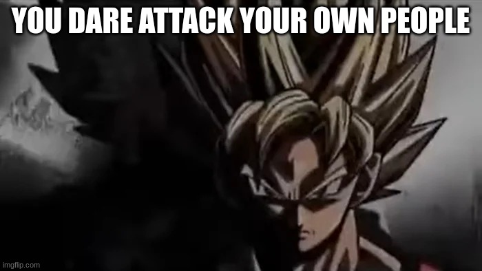 YOU DARE ATTACK YOUR OWN PEOPLE | image tagged in goku staring | made w/ Imgflip meme maker