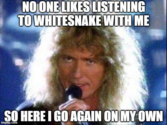 Whitesnake | NO ONE LIKES LISTENING TO WHITESNAKE WITH ME; SO HERE I GO AGAIN ON MY OWN | image tagged in whitesnake | made w/ Imgflip meme maker
