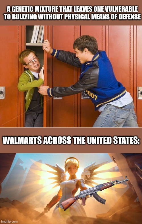 A GENETIC MIXTURE THAT LEAVES ONE VULNERABLE TO BULLYING WITHOUT PHYSICAL MEANS OF DEFENSE; WALMARTS ACROSS THE UNITED STATES: | image tagged in bully shoving nerd into locker,overwatch mercy meme | made w/ Imgflip meme maker