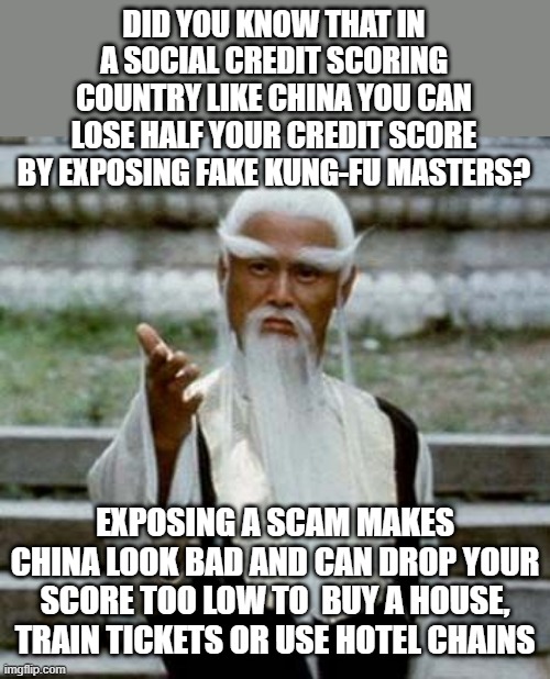 Kung fu master | DID YOU KNOW THAT IN A SOCIAL CREDIT SCORING COUNTRY LIKE CHINA YOU CAN LOSE HALF YOUR CREDIT SCORE BY EXPOSING FAKE KUNG-FU MASTERS? EXPOSING A SCAM MAKES CHINA LOOK BAD AND CAN DROP YOUR SCORE TOO LOW TO  BUY A HOUSE, TRAIN TICKETS OR USE HOTEL CHAINS | image tagged in kung fu master | made w/ Imgflip meme maker