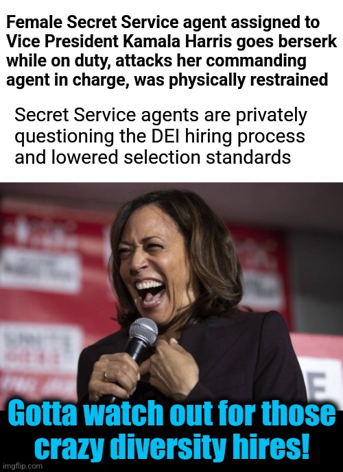 DEI craziness in our federal government | Female Secret Service agent assigned to
Vice President Kamala Harris goes berserk
while on duty, attacks her commanding
agent in charge, was physically restrained; Secret Service agents are privately
questioning the DEI hiring process
and lowered selection standards; Gotta watch out for those
crazy diversity hires! | image tagged in kamala laughing,dei,memes,secret service,democrats,diversity | made w/ Imgflip meme maker