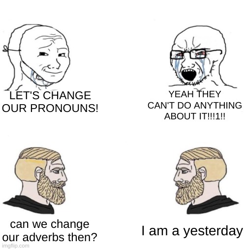 Does that chad guy look like obi-wan to anyone else? | LET'S CHANGE OUR PRONOUNS! YEAH THEY CAN'T DO ANYTHING ABOUT IT!!!1!! I am a yesterday; can we change our adverbs then? | image tagged in chad we know | made w/ Imgflip meme maker