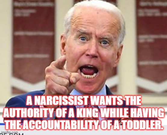Narcissist | A NARCISSIST WANTS THE AUTHORITY OF A KING WHILE HAVING THE ACCOUNTABILITY OF A TODDLER. | image tagged in joe biden no malarkey,tyrant,biden,democrats | made w/ Imgflip meme maker