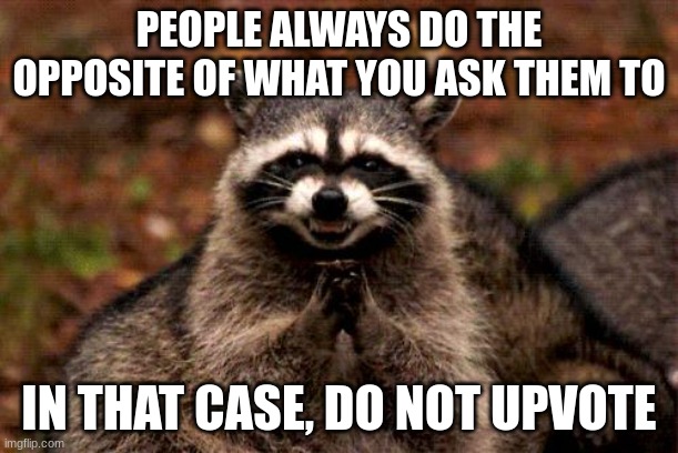 Evil Plotting Raccoon | PEOPLE ALWAYS DO THE OPPOSITE OF WHAT YOU ASK THEM TO; IN THAT CASE, DO NOT UPVOTE | image tagged in memes,evil plotting raccoon | made w/ Imgflip meme maker
