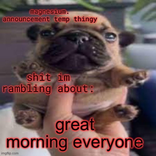 pug temp | great morning everyone | image tagged in pug temp | made w/ Imgflip meme maker