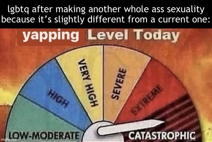 This is why we can’t have nice things | lgbtq after making another whole ass sexuality because it’s slightly different from a current one: | image tagged in yapping level today | made w/ Imgflip meme maker