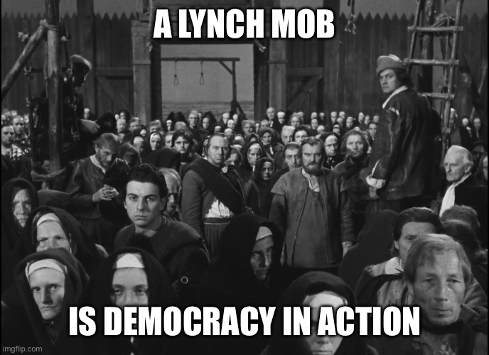 Lynching mob | A LYNCH MOB; IS DEMOCRACY IN ACTION | image tagged in lynching mob | made w/ Imgflip meme maker