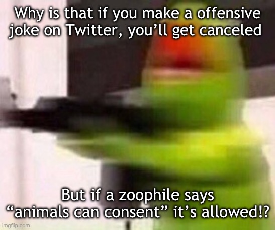 school shooter (muppet) | Why is that if you make a offensive joke on Twitter, you’ll get canceled; But if a zoophile says “animals can consent” it’s allowed!? | image tagged in school shooter muppet | made w/ Imgflip meme maker